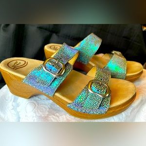 High-end glimmer and height! Dansko—leather upper. Worn once. 100 new.